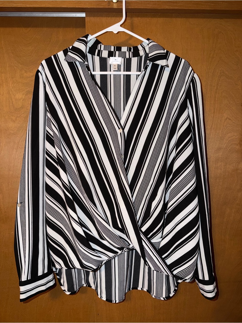 dressbarn Black and White Striped Wrap-Style Blouse